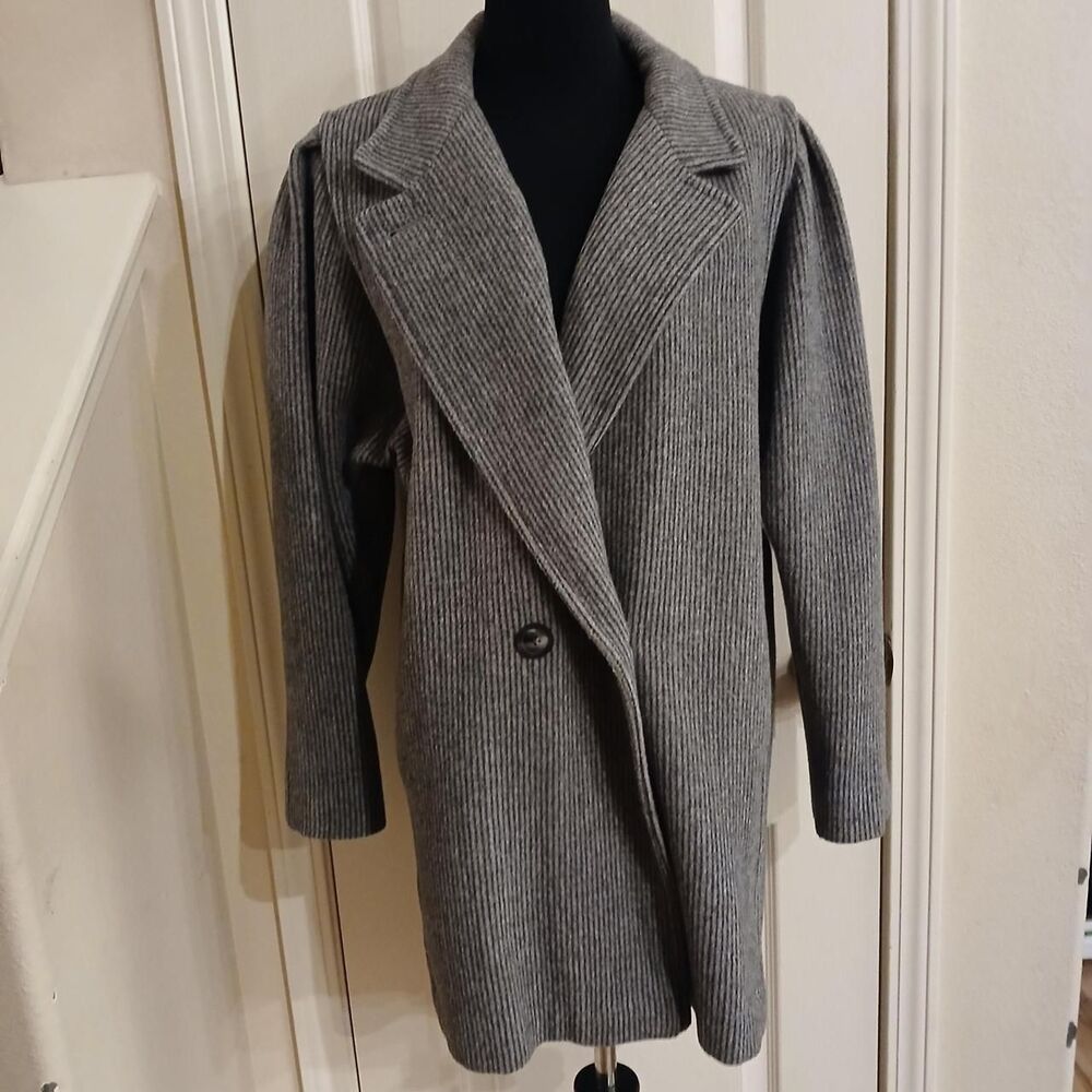 Vintage Grey Striped Wool Blend Freddi Gail Pea Coat Retro Classic Old Money